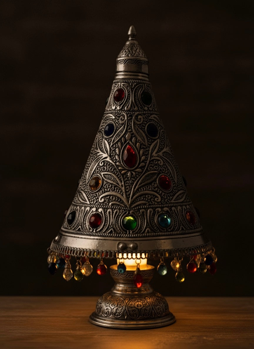 Artisanal 'Jewelled Lantern' Brass Table Lamp