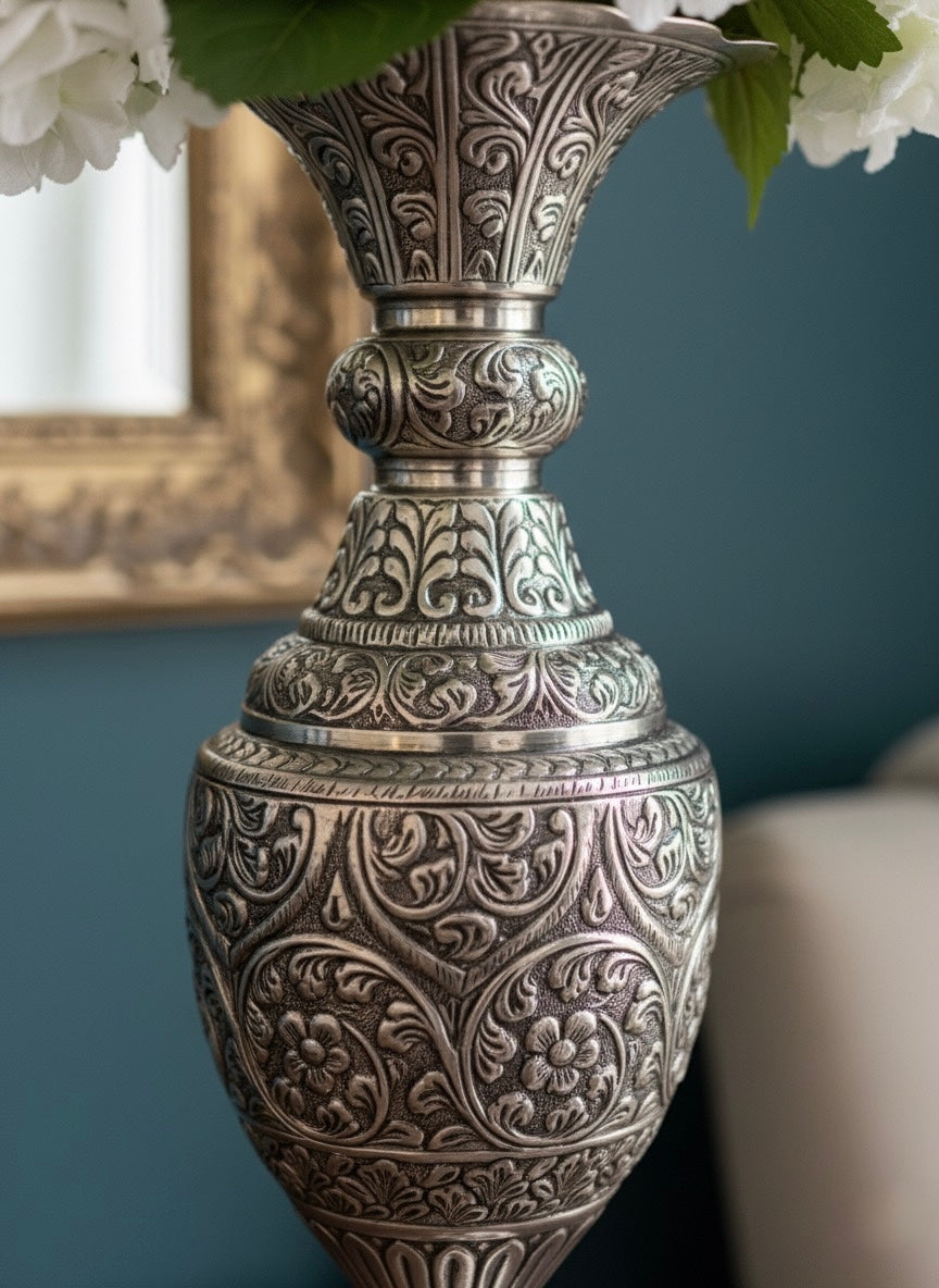 Regal Silver-Toned Brass Flower Vase