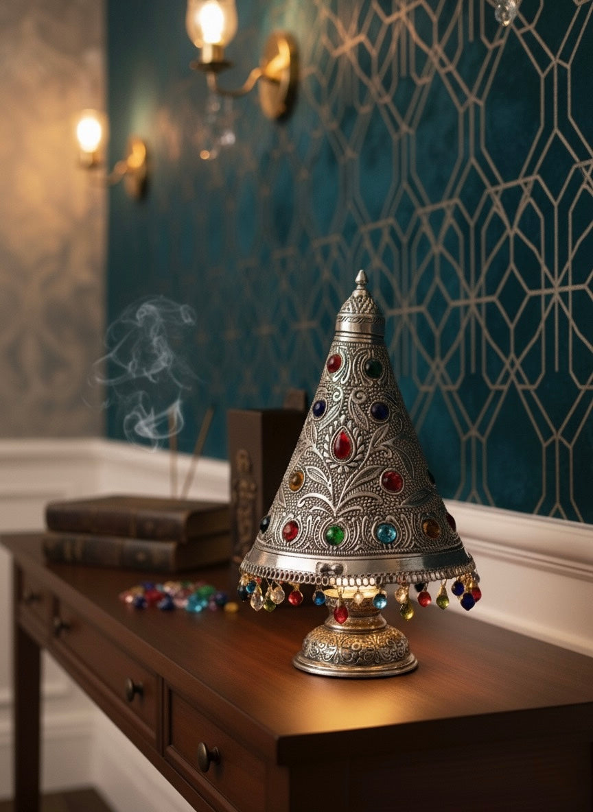 Artisanal 'Jewelled Lantern' Brass Table Lamp