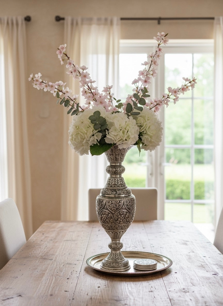 Regal Silver-Toned Brass Flower Vase