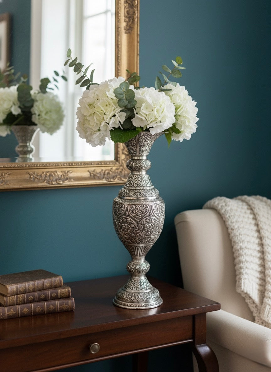 Regal Silver-Toned Brass Flower Vase